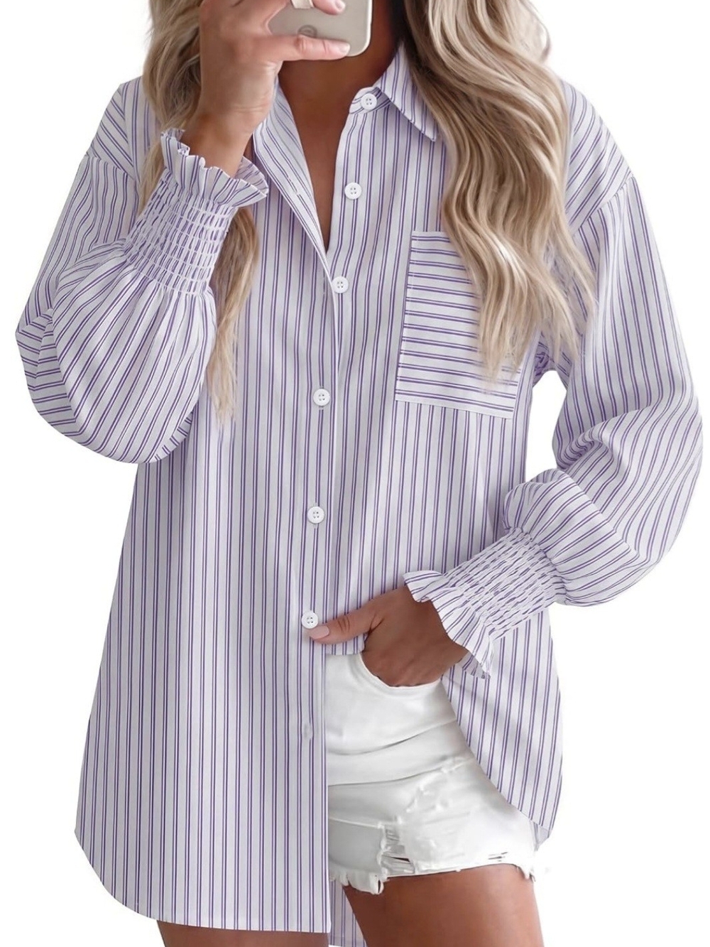 Womens Oversized Button Down Striped Smocked Cuff Long Sleeve Blouse - NWOT